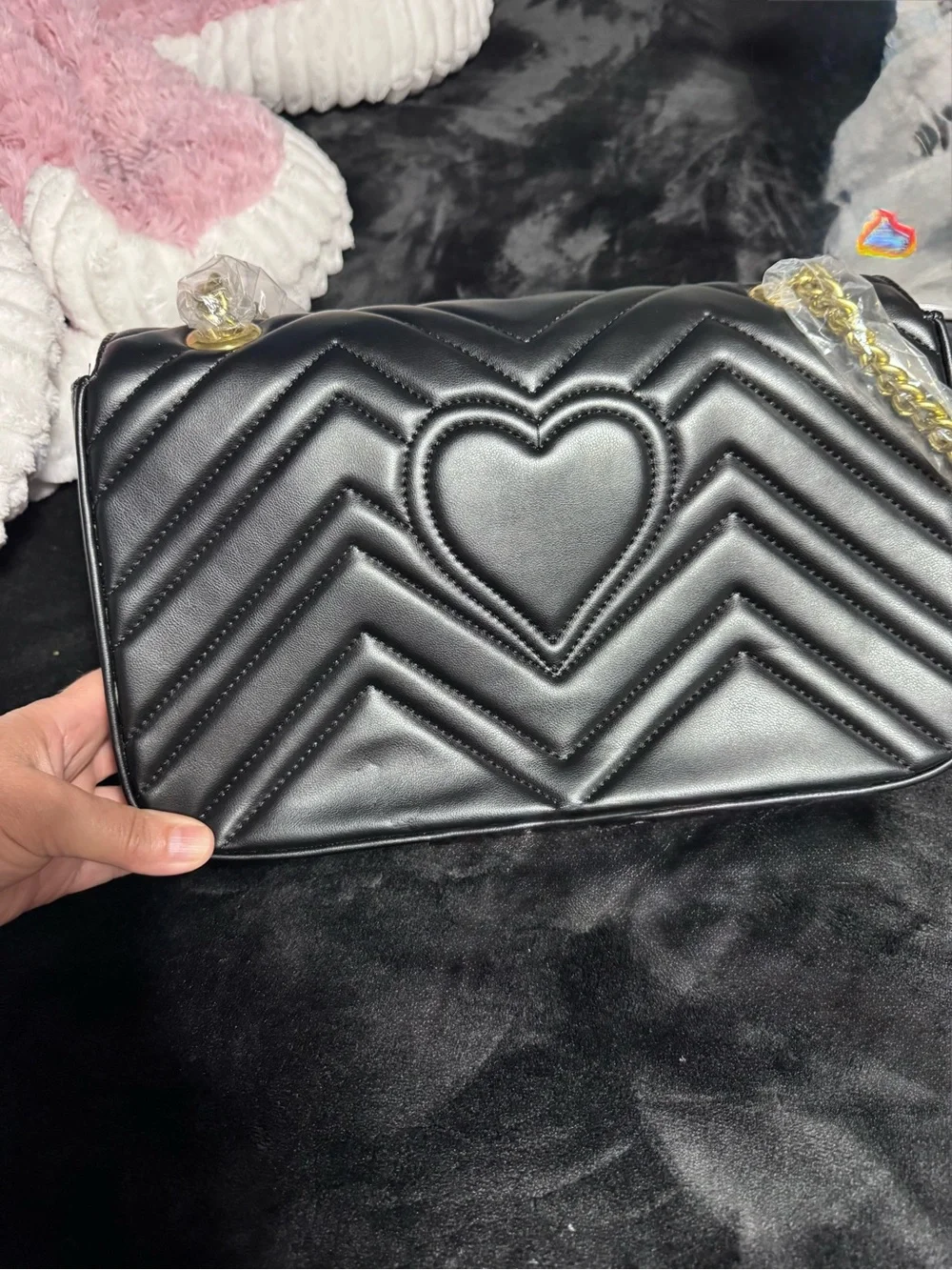 Black Quilted Shoulder Bag with Gold Hardware
